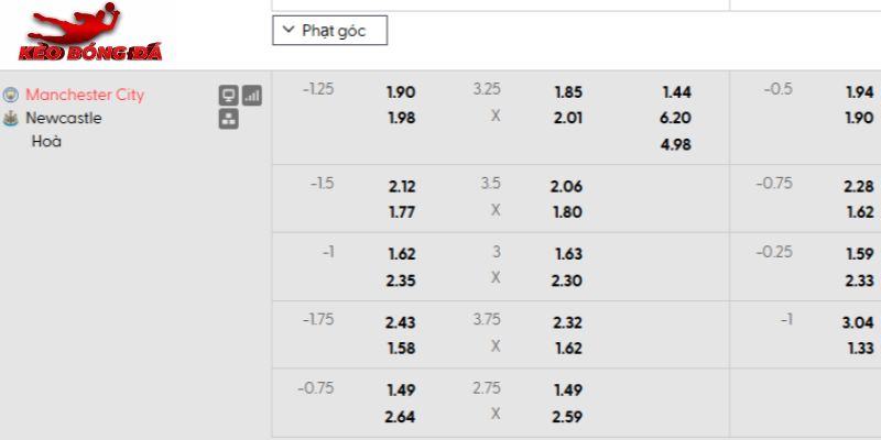 Tỷ lệ kèo Man City vs Newcastle Tỷ lệ kèo Man City vs Newcastle
